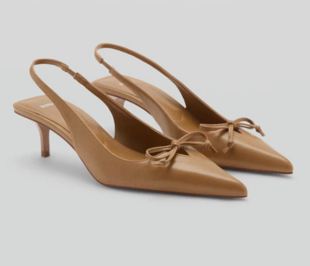 NEW MANGO MNG TAN BOW DETAIL POINTED TOE KITTEN HEEL SHOES SZ 40 US 9 - Picture 2 of 10